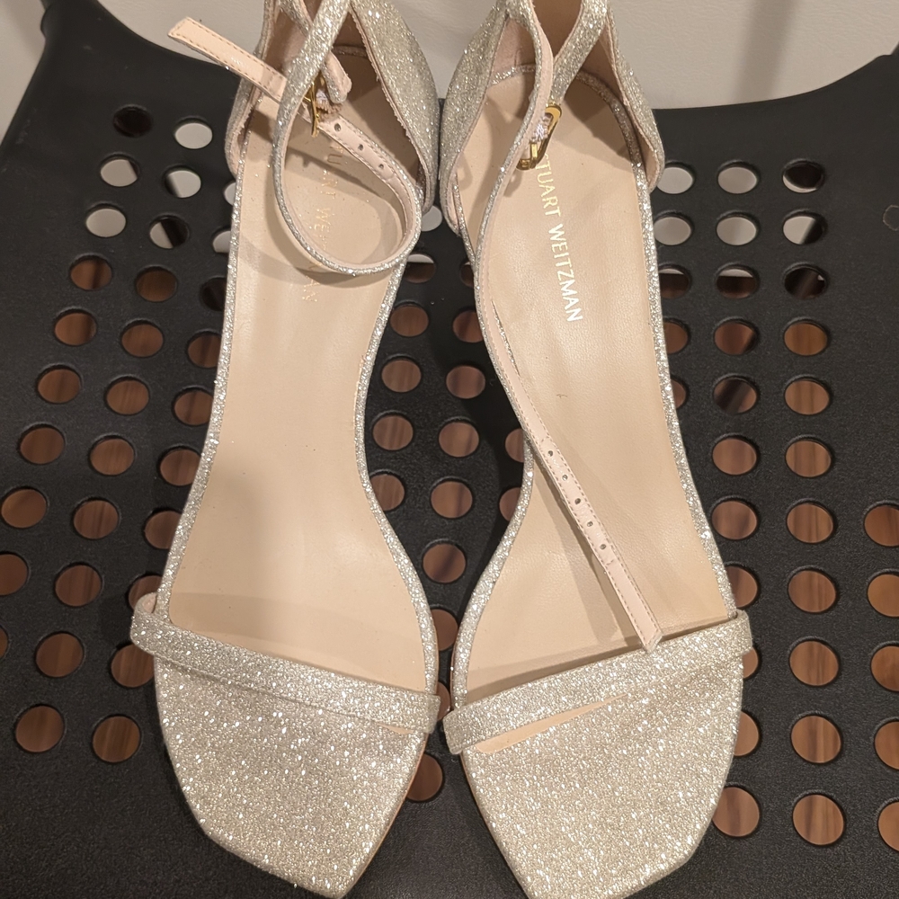 Stuart Weitzman Champagne Glitter Ankle-Strap Heels